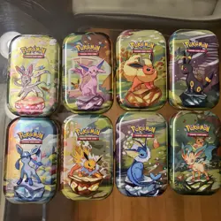 Full Set 8 EMPTY Pokemon PRISMATIC EVOLUTIONS Mini Tins & Eevee Coins (NO PACKS) - Image 2