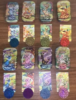 Full Set 8 EMPTY Pokemon PRISMATIC EVOLUTIONS Mini Tins & Eevee Coins (NO PACKS) - Image 1