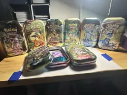Full Set 8 EMPTY Pokemon PRISMATIC EVOLUTIONS Mini Tins & Eevee Coins (NO PACKS) - Image 2