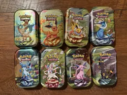 Full Set 8 EMPTY Pokemon PRISMATIC EVOLUTIONS Mini Tins & Eevee Coins (NO PACKS) - Image 1