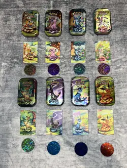 Full Set 8 EMPTY Pokemon PRISMATIC EVOLUTIONS Mini Tins & Eevee Coins (NO PACKS) - Image 1