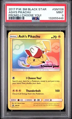 2017 Pokemon S&M Black Star Promo I Choose You # SM108 Ash’s Pikachu PSA 9 MINT! - Image 1