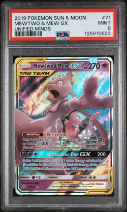 Pokemon 2019 SM Unified Minds Mewtwo & Mew GX 71/236 TAG TEAM Holo PSA 9 - Image 1