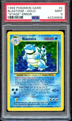 PSA 9 Blastoise 2/102 - NO STAGE - ERROR - Base Set Pokemon Card Holo MINT - Image 1