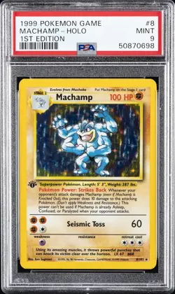 1999 POKEMON GAME 1ST ED #8 MACHAMP-HOLO PSA 9 - Image 1