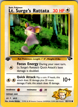 Lt. Surge’s Rattata 85/132 Gym Challenge 1st Edition Pokemon TCG Card - Image 1