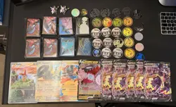 Bundle Of Pokemon Jumbo Cards, Coins, Pin Badges And Sleeves - Image 1