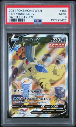 2021 POKEMON SWORD & SHIELD BATTLE STYLES #155 FULL ART/TYRANITAR V PSA 9 - Image 1