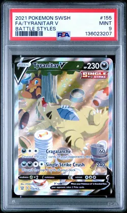 2021 POKEMON SWORD & SHIELD BATTLE STYLES #155 FULL ART/TYRANITAR V PSA 9 - Image 1
