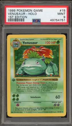 Pokemon Venusaur Base Set Shadowless 1st Edition Holo Rare #15 PSA 9 Mint - Image 1