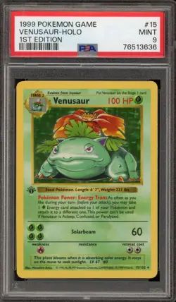 Pokemon Venusaur Base Set Shadowless 1st Edition Holo Rare #15 PSA 9 Mint - Image 1