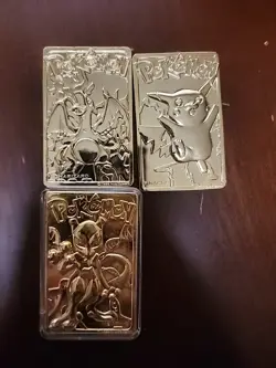 1999 Pokemon Burger King 23K Gold Plated Card Set of 3, Pikachu, Charizard, Mew2 - Image 1