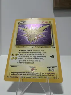 Pokemon TCG Zapdos Holo Rare Card 15/62 Fossil Base Set, Vintage 1999 LP WOTC - Image 3