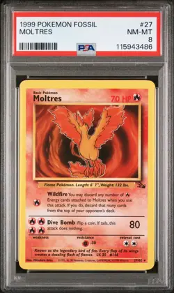 Moltres PSA 8 Pokemon card 27/62 Fossil Set Rare Non Holo 1999 WOTC NM-MINT - Image 1