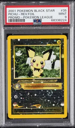 2001 POKEMON PROMO BLACK STAR POKEMON LEAGUE #35 PICHU-REVERSE FOIL PSA 9 - Image 1