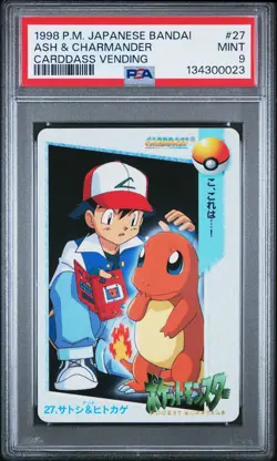 1998 POKEMON JAPANESE BANDAI CARDDASS VENDING #27 ASH & CHARMANDER PSA 9 - Image 1