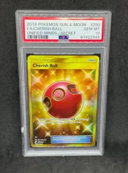 Pokemon SM Unified Minds Cherish Ball 250/236 Gold Rare Holo Secret Foil PSA 10 - Image 1