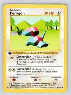 PL* - Porygon 39/102 Base Set Shadowless 1st Edition 1999 Pokemon Card - Image 1
