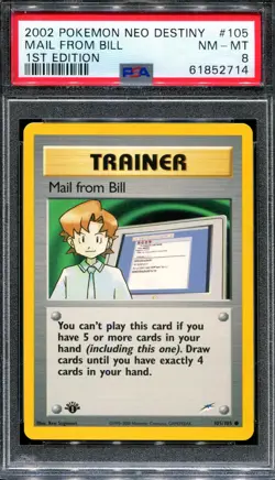 PSA 8 Pokemon 2002 1st Edition Neo Destiny Mail from Bill Common Trainer #105 - Image 1