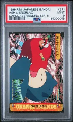 1999 POKEMON JPN BANDAI CARDDASS VENDING SER 8 #271 ASH & SNORLAX PSA 9 - Image 1