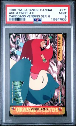 1999 POKEMON JPN BANDAI CARDDASS VENDING SER 8 #271 ASH & SNORLAX PSA 9 - Image 1