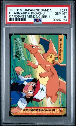 1999 POKEMON JPN BANDAI CARDDASS VENDING SER 8 #277 CHARIZARD & PIKACHU PSA 10 - Image 1