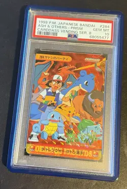 1999 POKEMON JPN BANDAI CARDDASS VENDING SER 8 #284 ASH & OTHERS-PRISM PSA 10 - Image 1