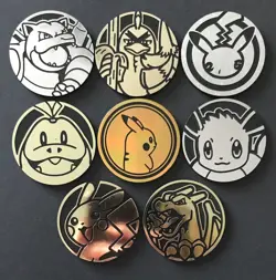 8 X Pokemon Large Coins Coin Tokens Shiny Eevee Pikachu Charizard Fuecoco - Image 1