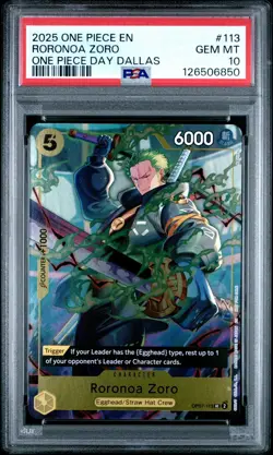 2025 ONE PIECE OP07-113 RORONOA ZORO ONE PIECE DAY DALLAS PROMO ENGLISH PSA 10 - Image 1