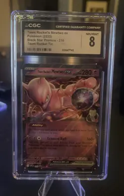 Team Rckts Mewtwo ex Pokemon (2025) Black Stars Promo-216 Team Rocket Tin CGC 8 - Image 1