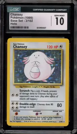 Pokemon Chansey Base Set Unlimited Holo Rare #3 CGC 10 Gem Mint - Image 1
