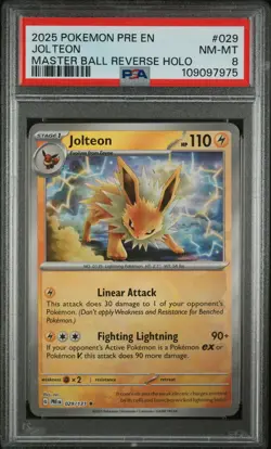 2025 Pokemon Prismatic Evolutions Jolteon Master Ball Reverse Holo PSA 8 #029 - Image 1
