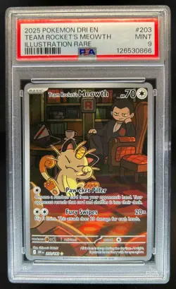 2025 Pokemon SV Destined Rivals DRI EN Team Rocket's Meowth #203/182 PSA 9 - Image 1