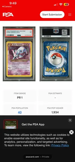 PSA 1 2002 Neo Destiny Dark Espeon 4/105 HOLO FOIL Rare Pokemon Card *Low pop!! - Image 2