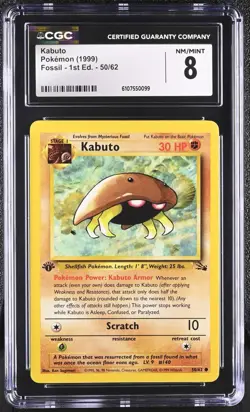 CGC NEAR MINT 8 Pokemon Kabuto 50/62 1999 Fossil 1st Edition - Image 1