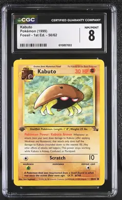 CGC NM/Mint 8 Kabuto 1999 Pokemon Fossil 1st Edition Card #50/62 - Image 1