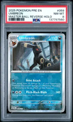 2025 POKEMON PRE EN-PRISMATIC EVOLUTIONS MASTER BALL REVERSE HOLO UMBREON PSA 8 - Image 1