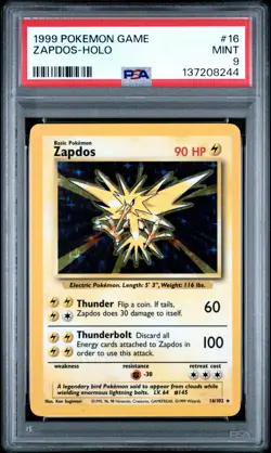1999 POKEMON BASE SET UNLIMITED #16 ZAPDOS-HOLO PSA 9 - Image 1