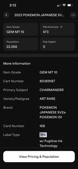 2023 POKEMON JPN SV2A-POKEMON 151 ART RARE #168 CHARMANDER PSA 10 - Image 3