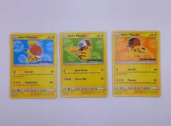 Pokemon Ash's Pikachu Card Set Promo SM 110, 112, 114 "I Choose you" Movie Stamp - Image 1