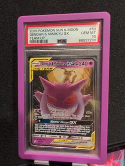 2019 POKEMON SUN & MOON TEAM UP #53 GENGAR & MIMIKYU GX PSA 10 - Image 1