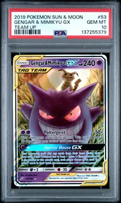 2019 POKEMON SUN & MOON TEAM UP #53 GENGAR & MIMIKYU GX PSA 10 - Image 1