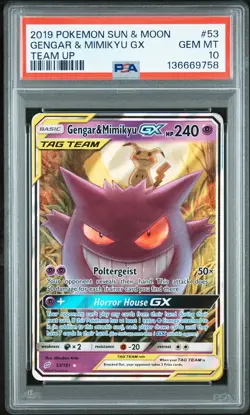 2019 POKEMON SUN & MOON TEAM UP #53 GENGAR & MIMIKYU GX PSA 10 - Image 1