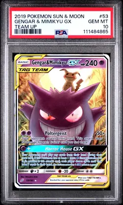 2019 POKEMON SUN & MOON TEAM UP #53 GENGAR & MIMIKYU GX TEAM UP PSA 10 - Image 1