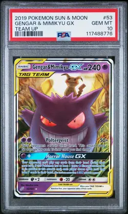2019 POKEMON SUN & MOON TEAM UP #53 GENGAR & MIMIKYU GX PSA 10 - Image 1