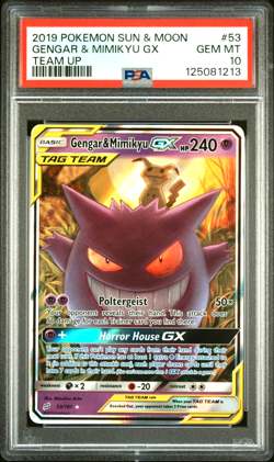 New Grade 2019 Pokemon Sun & Moon Team Up #53 Gengar & Mimikyu Gx Team Up PSA 10 - Image 1