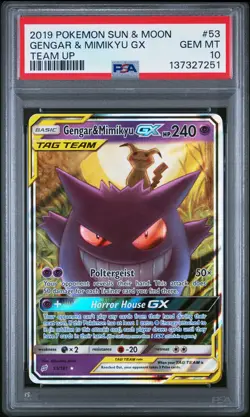2019 POKEMON SUN & MOON TEAM UP #53 GENGAR & MIMIKYU GX PSA 10 - Image 1