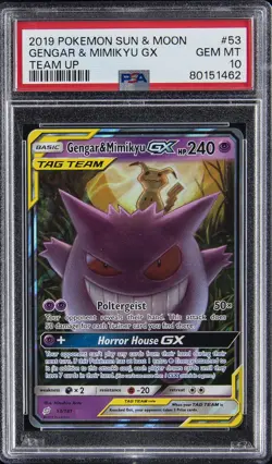 2019 POKEMON SUN & MOON TEAM UP #53 GENGAR & MIMIKYU GX PSA 10 - Image 1