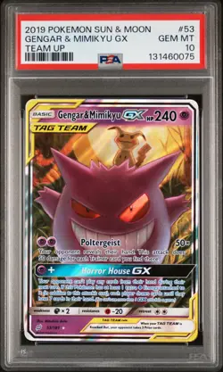 2019 POKEMON SUN & MOON TEAM UP #53 GENGAR & MIMIKYU GX PSA 10 - Image 1