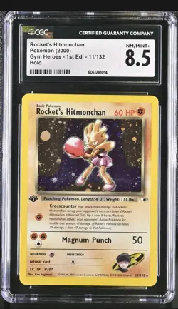 Rockets Hitmonchan 11/132 1st Edition Gym Heroes Holo Rare Pokemon Card CGC 8.5 - Image 1